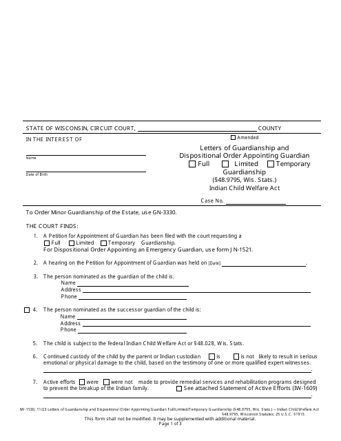 Form IW-1530 Letters of Guardianship and Dispositional Order Appointing Guardian - Full/Limited/Temporary Guardianship - Wisconsin