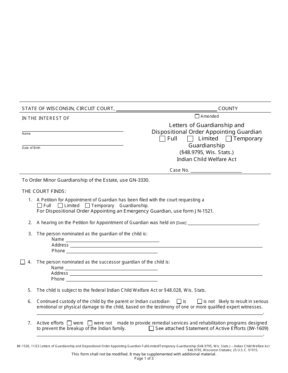 Form IW-1530 Letters of Guardianship and Dispositional Order Appointing Guardian - Full / Limited / Temporary Guardianship - Wisconsin, Page 1