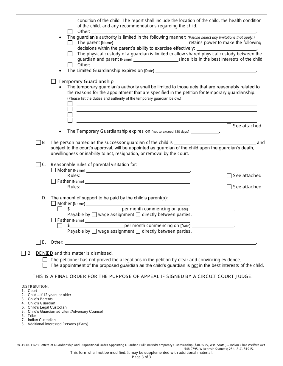 Form IW-1530 Letters of Guardianship and Dispositional Order Appointing Guardian - Full / Limited / Temporary Guardianship - Wisconsin, Page 3