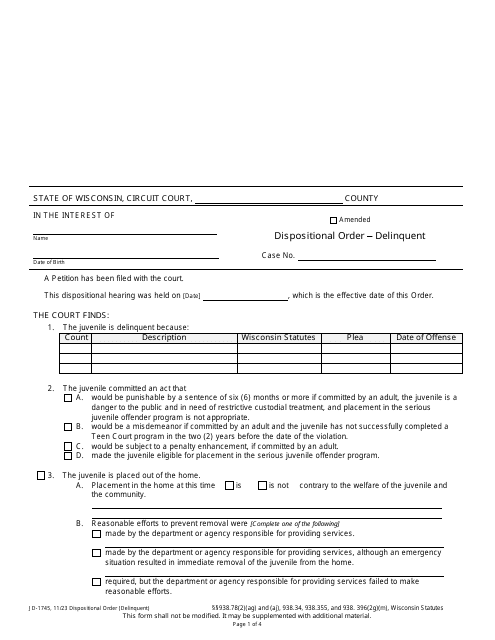 Form JD-1745 Dispositional Order - Delinquent - Wisconsin