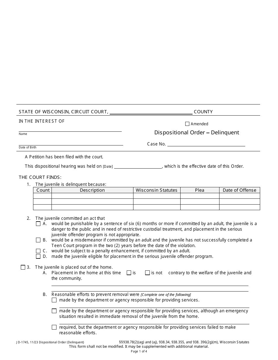 Form JD-1745 Dispositional Order - Delinquent - Wisconsin, Page 1
