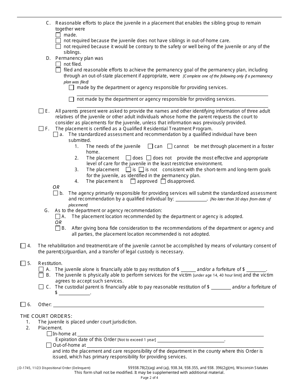 Form JD-1745 Dispositional Order - Delinquent - Wisconsin, Page 2