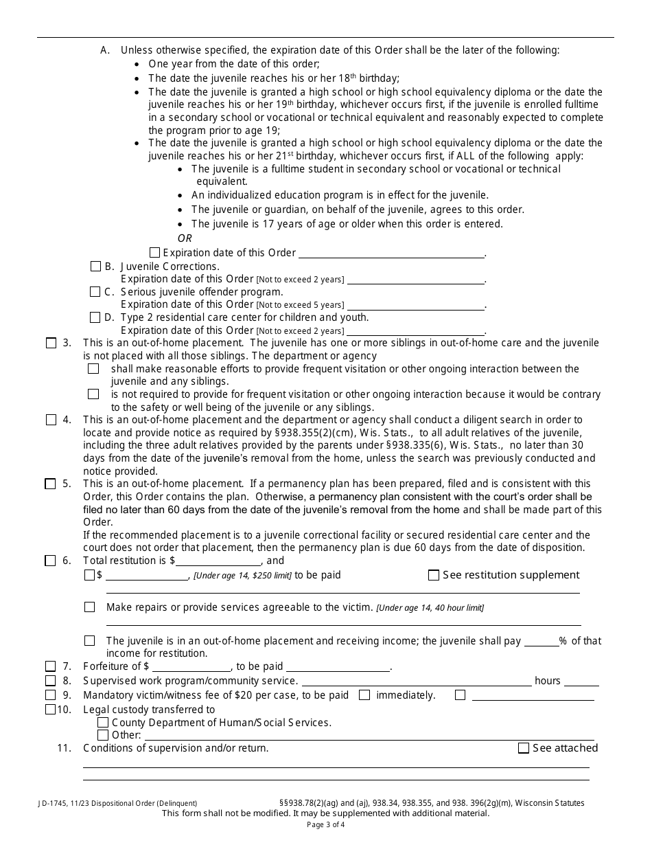 Form JD-1745 Dispositional Order - Delinquent - Wisconsin, Page 3