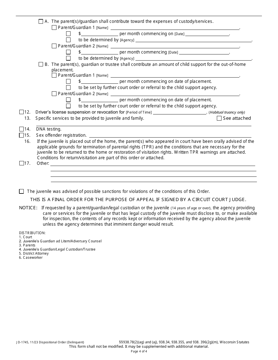 Form JD-1745 Dispositional Order - Delinquent - Wisconsin, Page 4