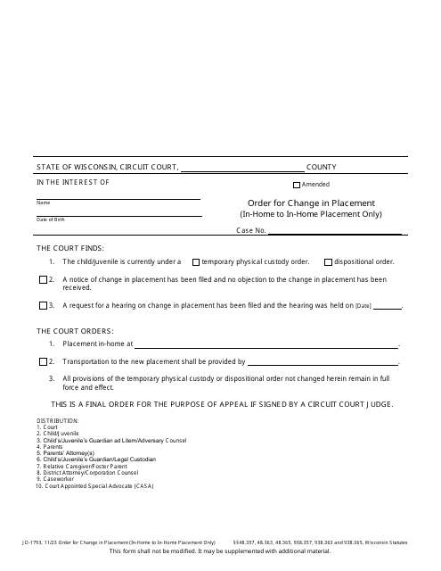 Form JD-1793 Order for Change in Placement (In-home to in-Home Placement Only) - Wisconsin