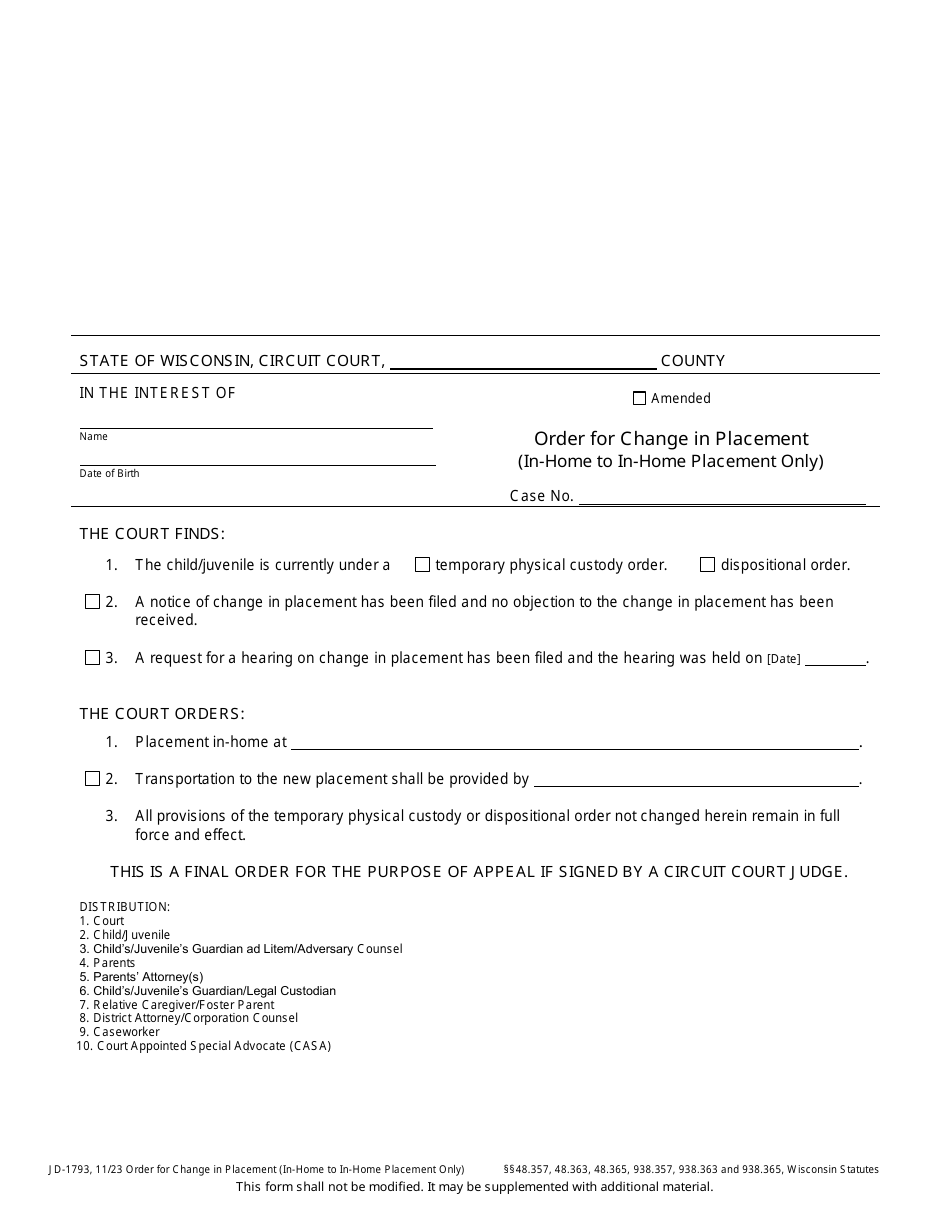 Form JD-1793 Order for Change in Placement (In-home to in-Home Placement Only) - Wisconsin, Page 1