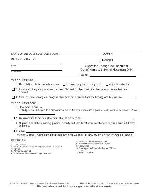 Form JD-1792 Order for Change in Placement (Out-Of-Home to in-Home Placement Only) - Wisconsin