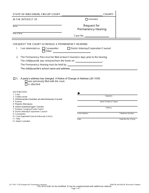 Form JD-1769 Request for Permanency Hearing - Wisconsin