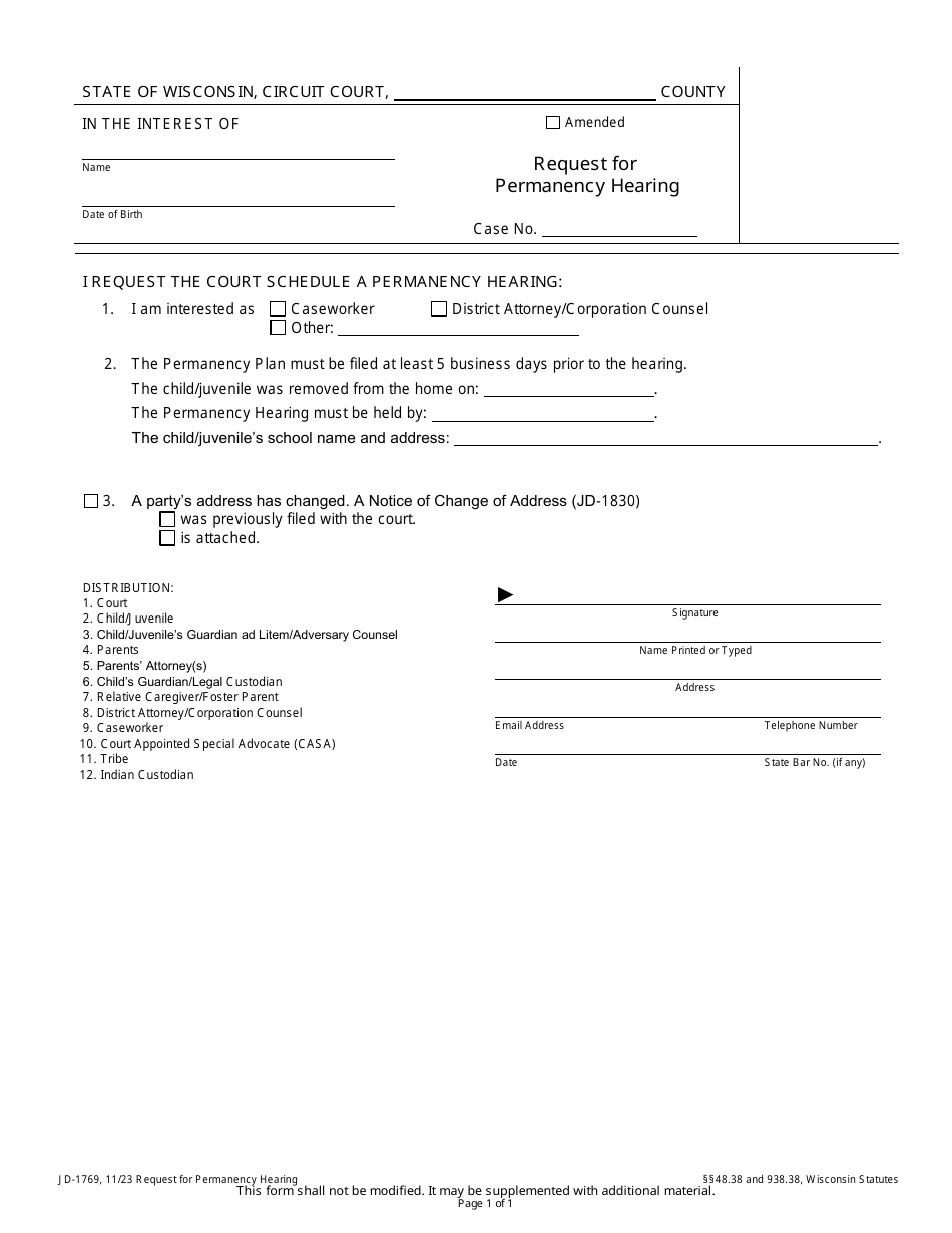 Form JD-1769 Request for Permanency Hearing - Wisconsin, Page 1