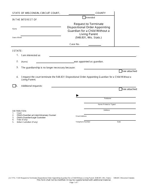 Form JG-1710 Request to Terminate Dispositional Order Appointing Guardian for a Child Without a Living Parent - Wisconsin