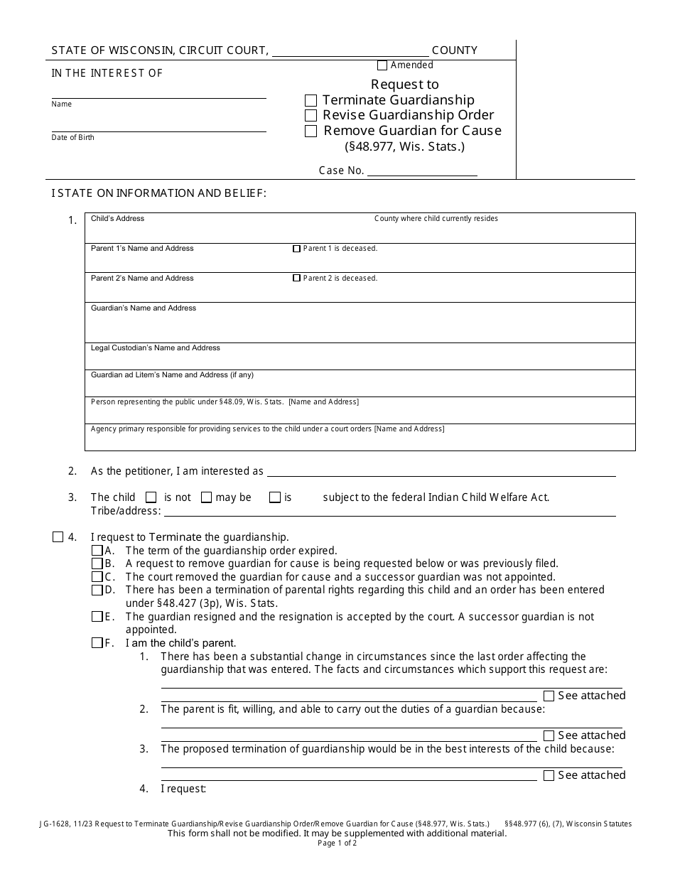 Form JG-1628 Request to Terminate Guardianship / Revise Guardianship Order / Remove Guardian for Cause - Wisconsin, Page 1