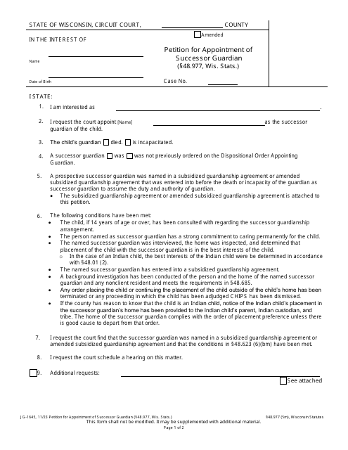 Form JG-1645 Petition for Appointment of Successor Guardian - Wisconsin