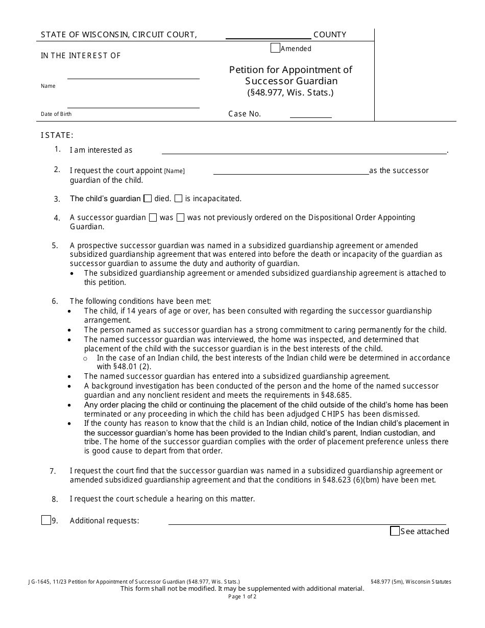 Form JG-1645 Petition for Appointment of Successor Guardian - Wisconsin, Page 1