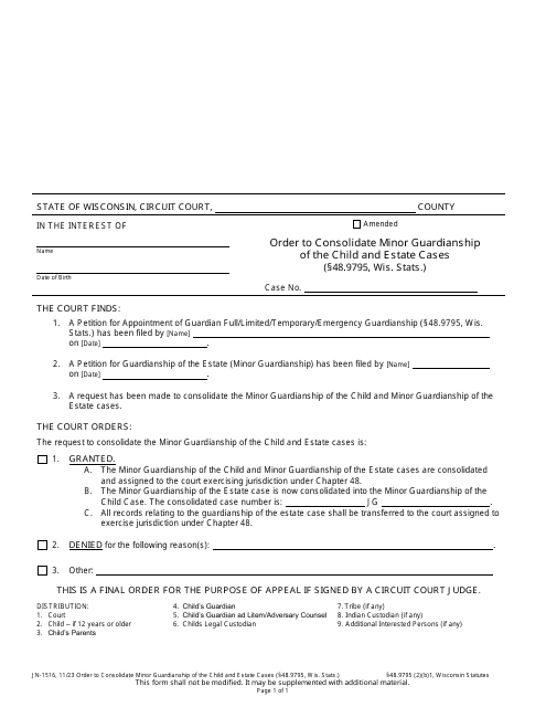 Form JN-1516 Order to Consolidate Minor Guardianship of the Child and Estate Cases - Wisconsin
