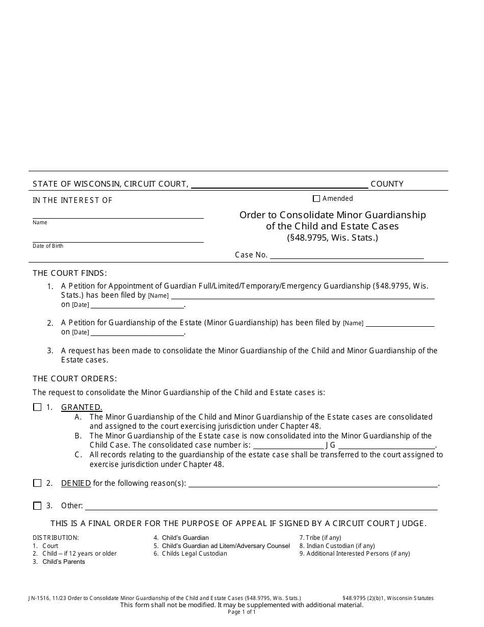 Form JN-1516 Order to Consolidate Minor Guardianship of the Child and Estate Cases - Wisconsin, Page 1