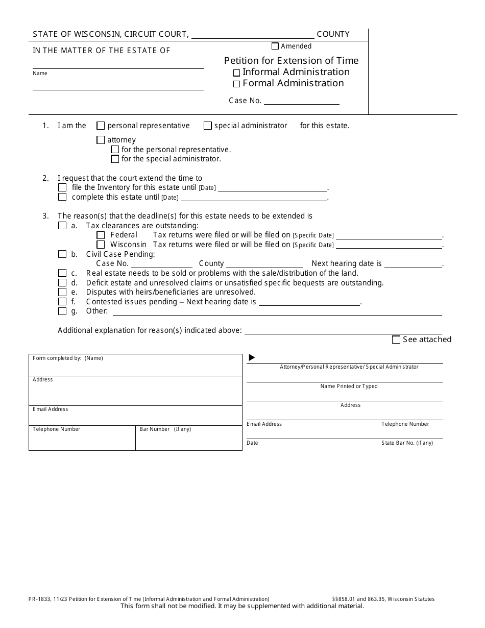 Form PR-1833 Petition for Extension of Time (Informal Administration and Formal Administration) - Wisconsin, Page 1