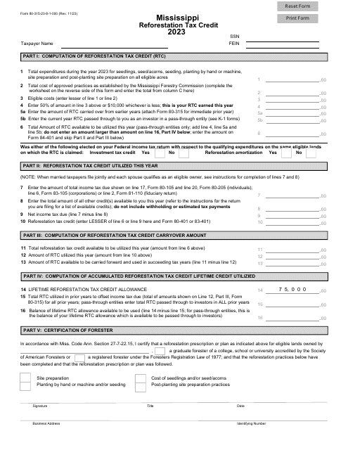 Form 80-315 Reforestation Tax Credit - Mississippi, 2023