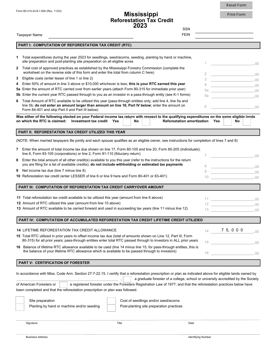 Form 80-315 Reforestation Tax Credit - Mississippi, Page 1