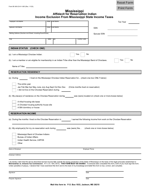 Form 80-340 Affidavit for Reservation Indian Income Exclusion From Mississippi State Income Taxes - Mississippi