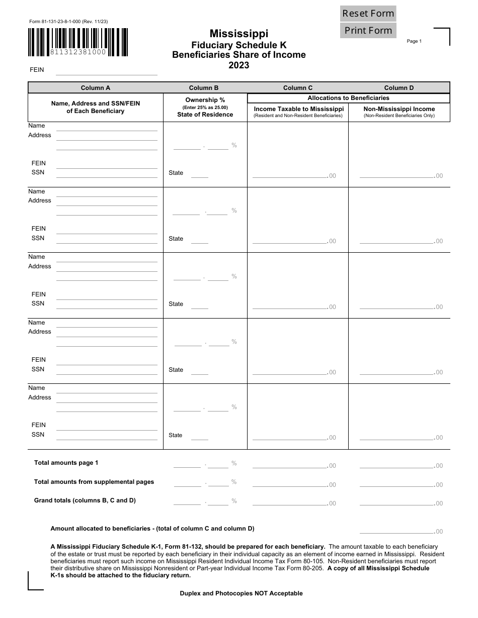 Form 81-131 Schedule K Fiduciary Beneficiaries Shares of Income - Mississippi, Page 1