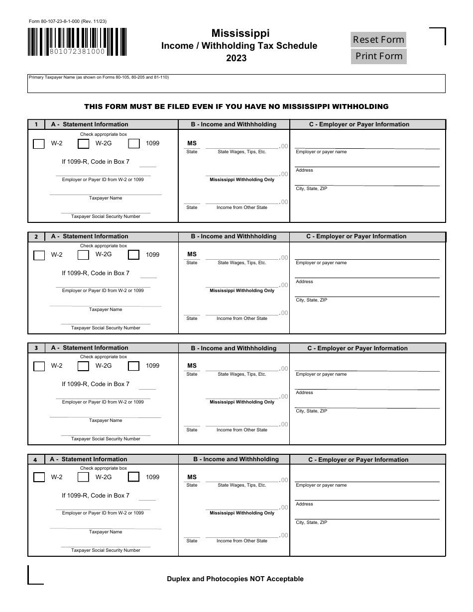 Form 80-107 Income / Withholding Tax Schedule - Mississippi, Page 1