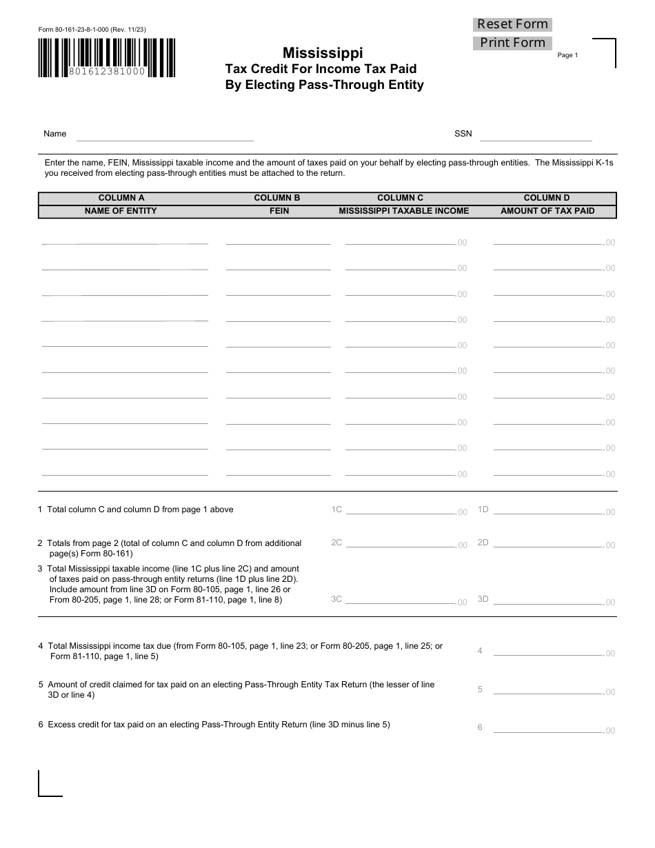Form 80-161 Tax Credit for Income Tax Paid by Electing Pass-Through Entity - Mississippi, Page 1