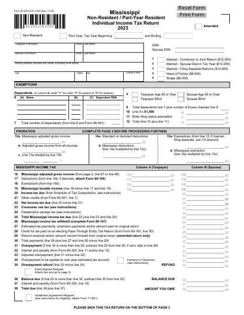 Form 80-205 Non-resident/Part-Year Resident Individual Income Tax Return - Mississippi, 2023