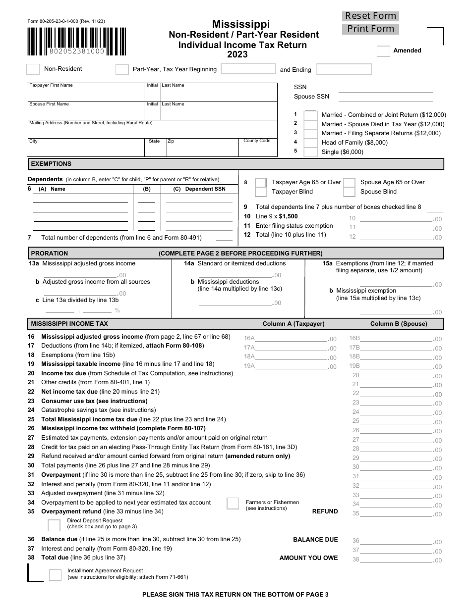 Form 80-205 Non-resident / Part-Year Resident Individual Income Tax Return - Mississippi, Page 1