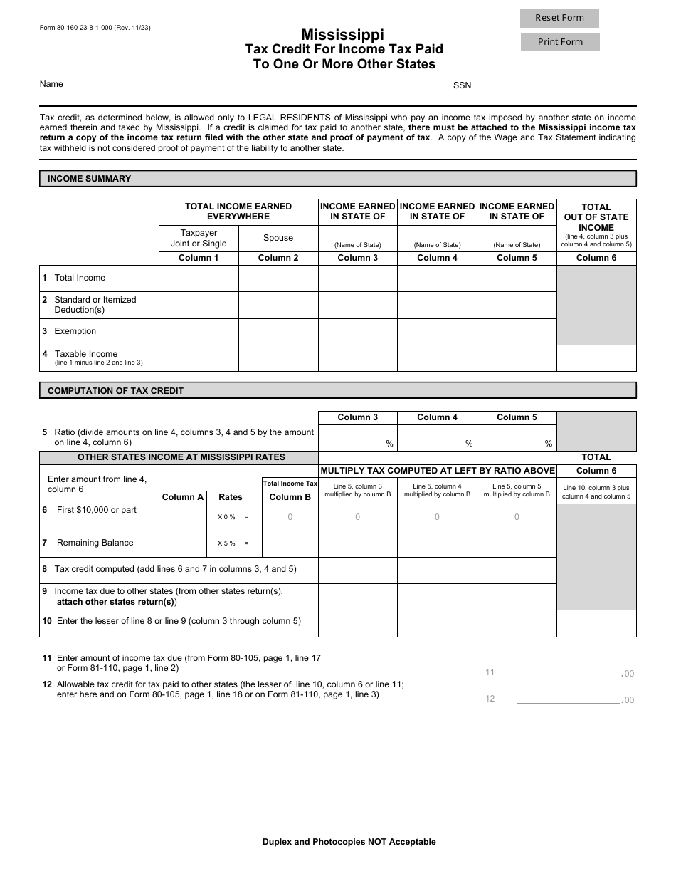 Form 80-160 Tax Credit for Income Tax Paid to One or More Other States - Mississippi, Page 1