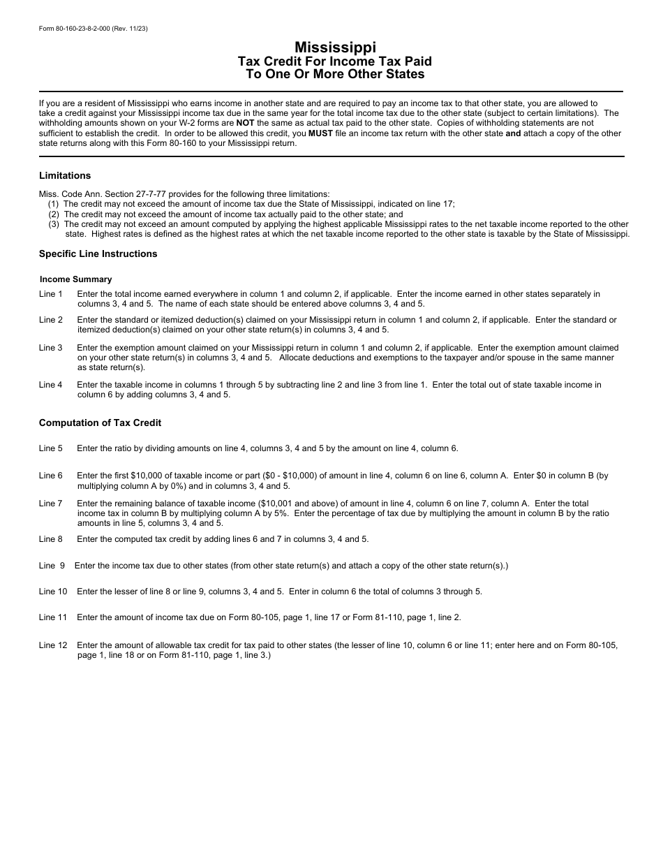 Form 80-160 Tax Credit for Income Tax Paid to One or More Other States - Mississippi, Page 2