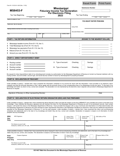 Form 81-115 (MS8453-F) Fiduciary Income Tax Declaration for Electronic Filing - Mississippi, 2023