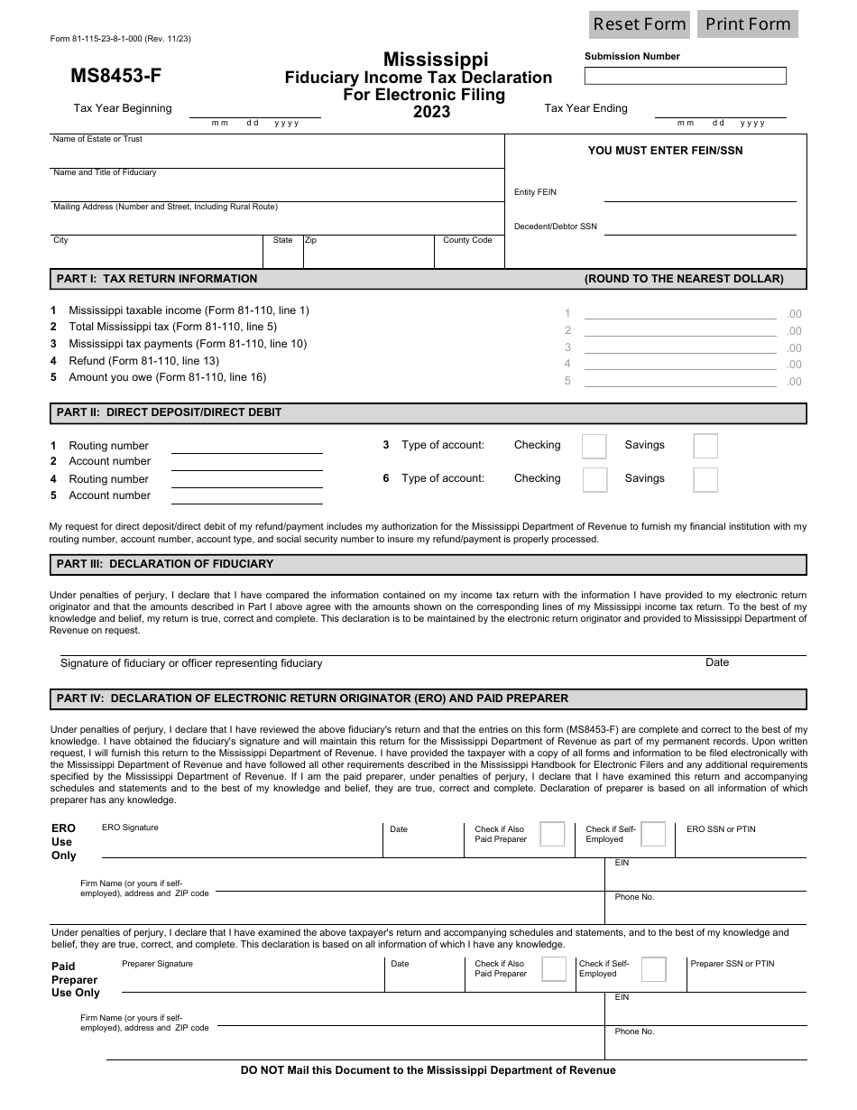 Form 81-115 (MS8453-F) Fiduciary Income Tax Declaration for Electronic Filing - Mississippi, Page 1