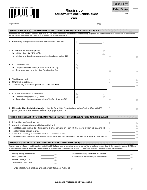 Form 80-108 Adjustments and Contributions - Mississippi, 2023