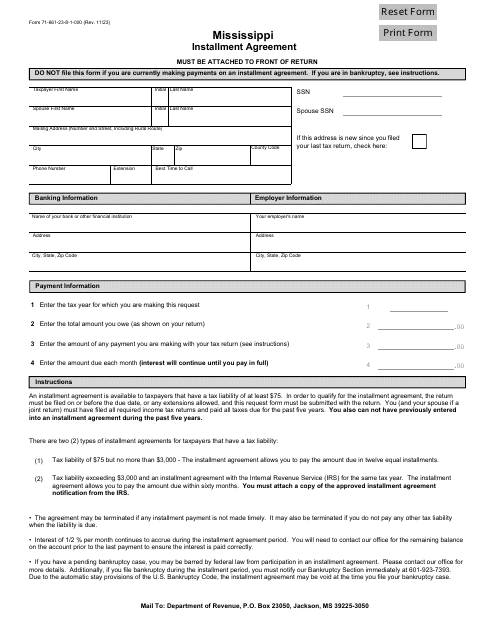 Form 71-661 Installment Agreement - Mississippi
