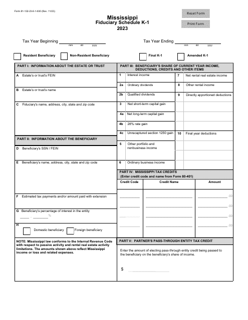 Form 81-132 Schedule K-1 Fiduciary Schedule - Mississippi, 2023