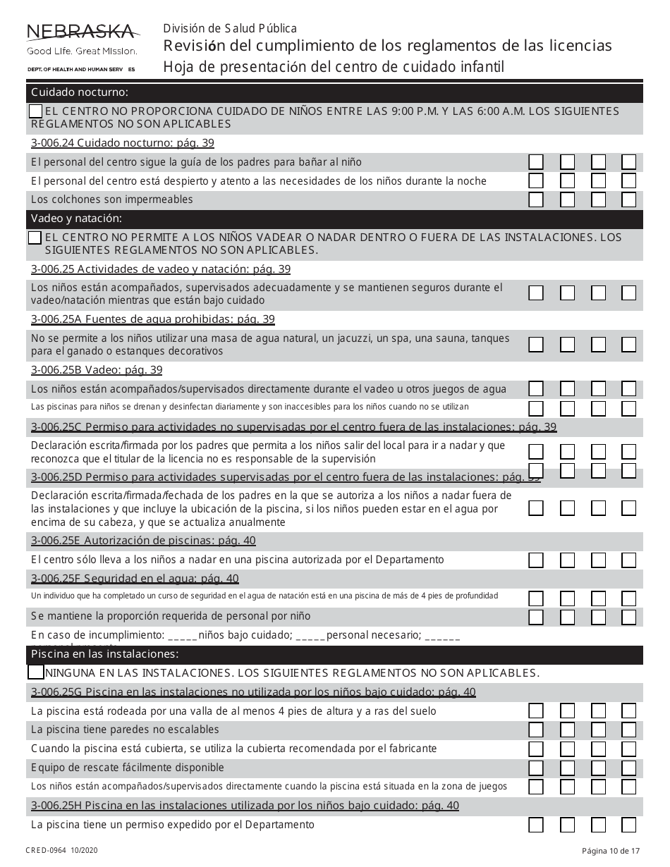 Formulario CRED-0964 Hoja De Presentacion Del Centro De Cuidado Infantil - Revision Del Cumplimiento De Los Reglamentos De Las Licencias - Nebraska (Spanish), Page 10