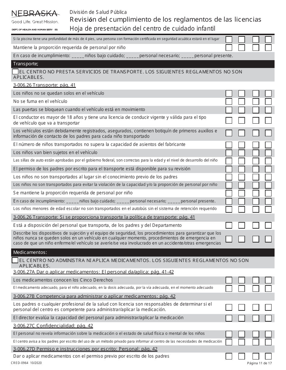 Formulario CRED-0964 Hoja De Presentacion Del Centro De Cuidado Infantil - Revision Del Cumplimiento De Los Reglamentos De Las Licencias - Nebraska (Spanish), Page 11