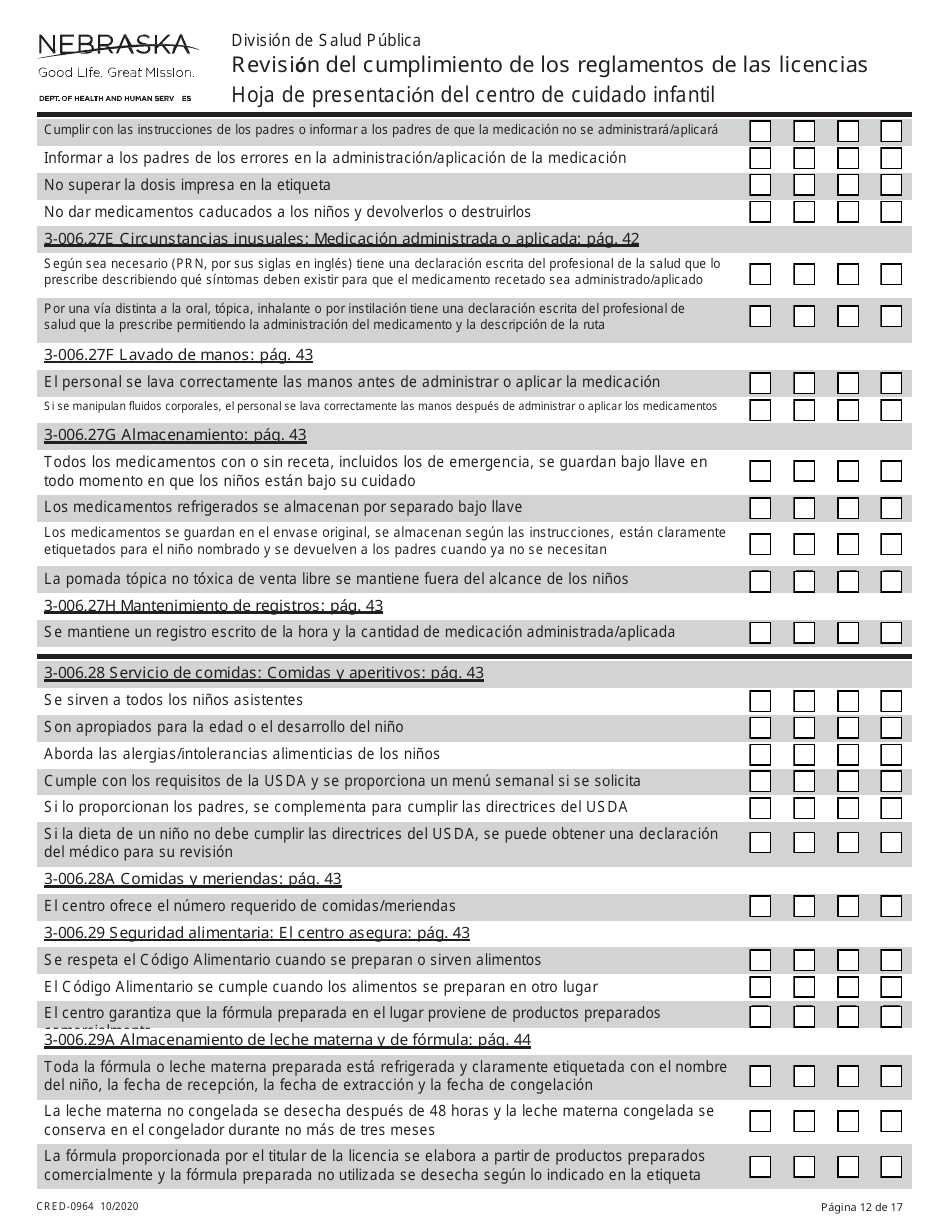 Formulario CRED-0964 Hoja De Presentacion Del Centro De Cuidado Infantil - Revision Del Cumplimiento De Los Reglamentos De Las Licencias - Nebraska (Spanish), Page 12