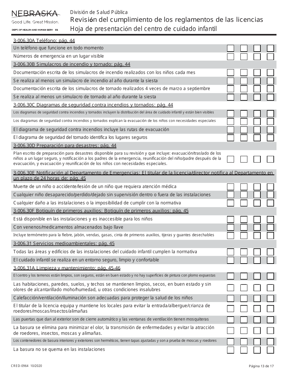Formulario CRED-0964 Hoja De Presentacion Del Centro De Cuidado Infantil - Revision Del Cumplimiento De Los Reglamentos De Las Licencias - Nebraska (Spanish), Page 13