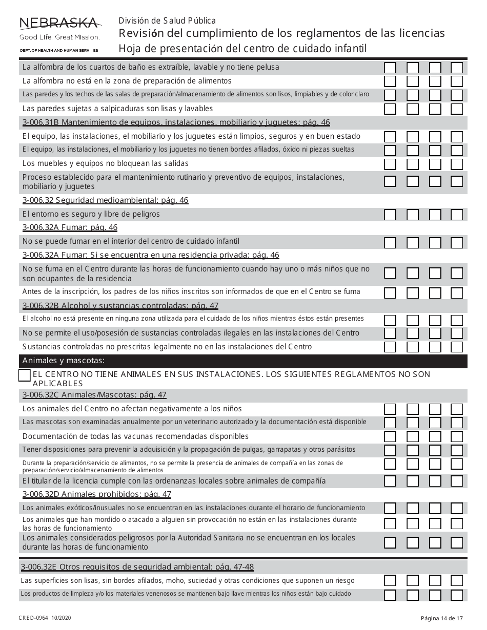 Formulario CRED-0964 Hoja De Presentacion Del Centro De Cuidado Infantil - Revision Del Cumplimiento De Los Reglamentos De Las Licencias - Nebraska (Spanish), Page 14