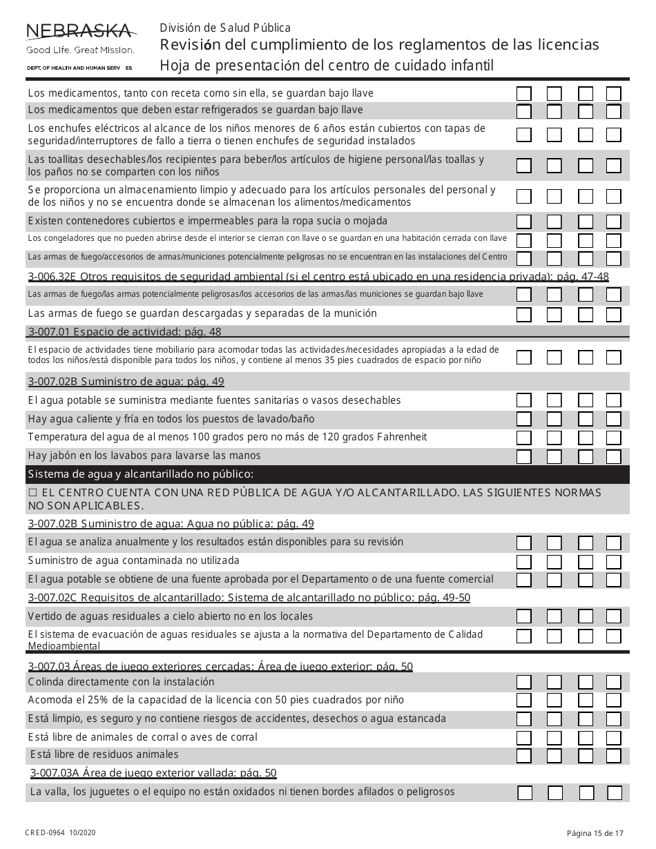 Formulario CRED-0964 Hoja De Presentacion Del Centro De Cuidado Infantil - Revision Del Cumplimiento De Los Reglamentos De Las Licencias - Nebraska (Spanish), Page 15