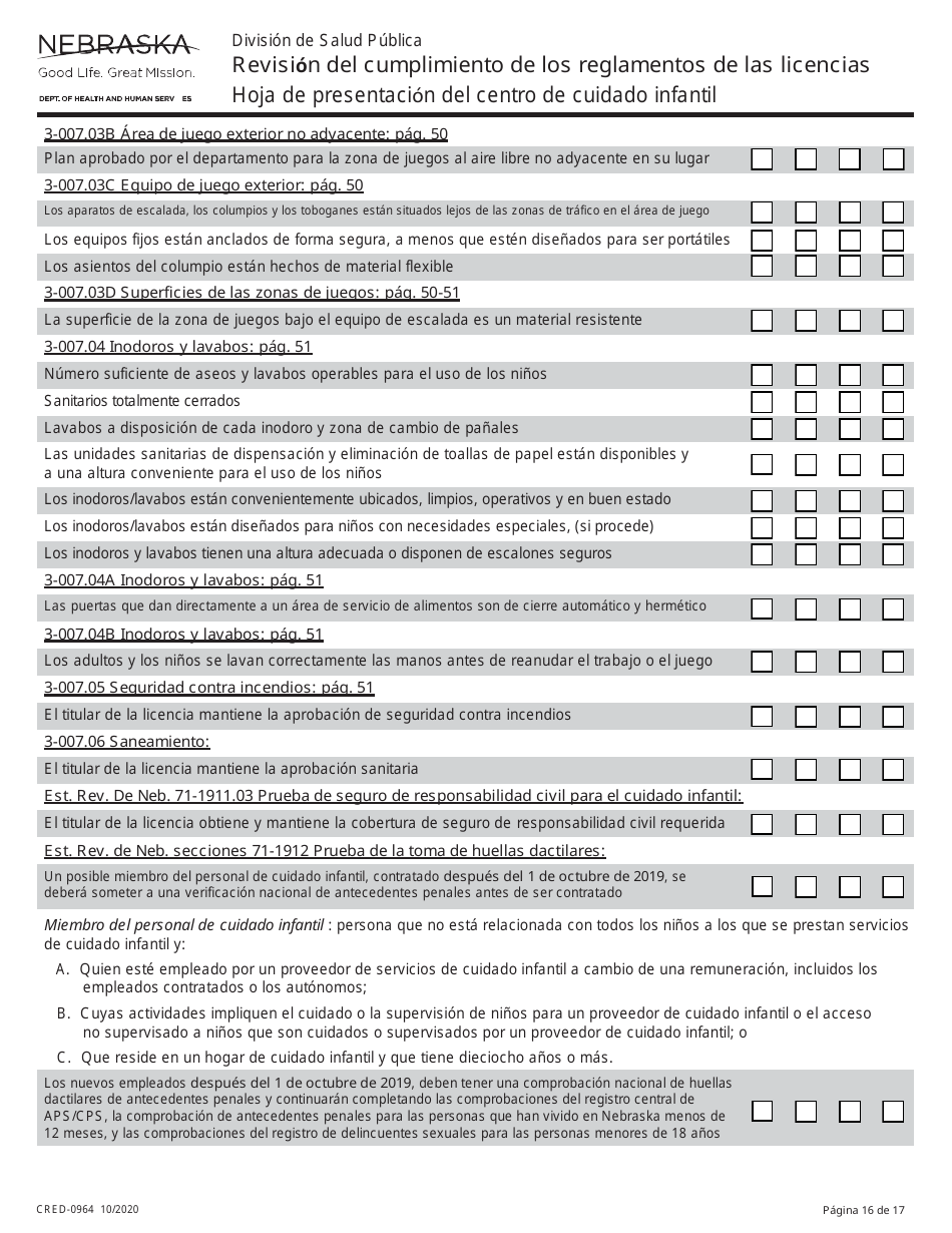 Formulario CRED-0964 Hoja De Presentacion Del Centro De Cuidado Infantil - Revision Del Cumplimiento De Los Reglamentos De Las Licencias - Nebraska (Spanish), Page 16