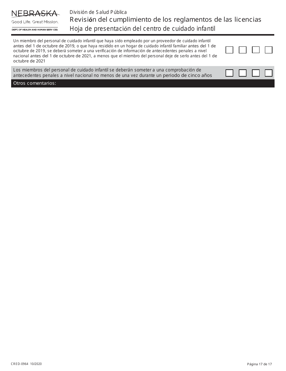Formulario CRED-0964 Hoja De Presentacion Del Centro De Cuidado Infantil - Revision Del Cumplimiento De Los Reglamentos De Las Licencias - Nebraska (Spanish), Page 17