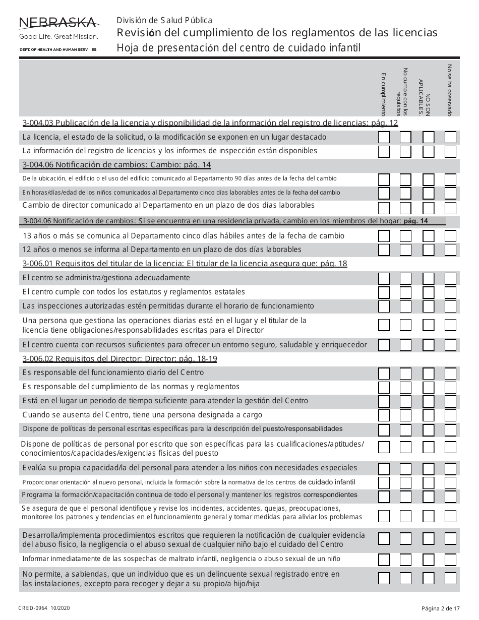 Formulario CRED-0964 Hoja De Presentacion Del Centro De Cuidado Infantil - Revision Del Cumplimiento De Los Reglamentos De Las Licencias - Nebraska (Spanish), Page 2