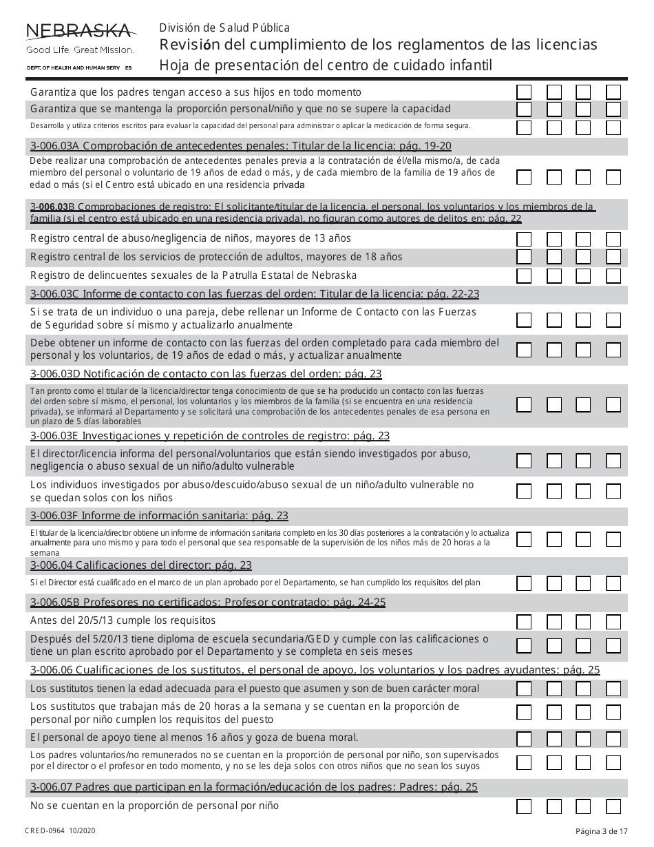 Formulario CRED-0964 Hoja De Presentacion Del Centro De Cuidado Infantil - Revision Del Cumplimiento De Los Reglamentos De Las Licencias - Nebraska (Spanish), Page 3