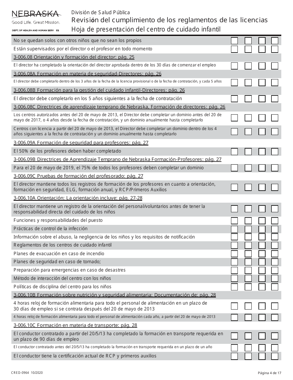 Formulario CRED-0964 Hoja De Presentacion Del Centro De Cuidado Infantil - Revision Del Cumplimiento De Los Reglamentos De Las Licencias - Nebraska (Spanish), Page 4