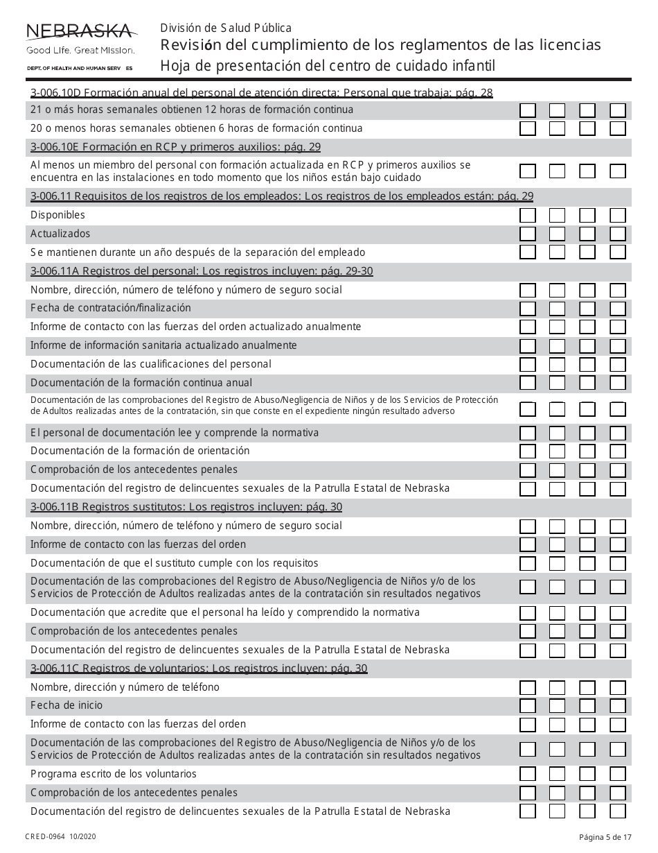 Formulario CRED-0964 Hoja De Presentacion Del Centro De Cuidado Infantil - Revision Del Cumplimiento De Los Reglamentos De Las Licencias - Nebraska (Spanish), Page 5