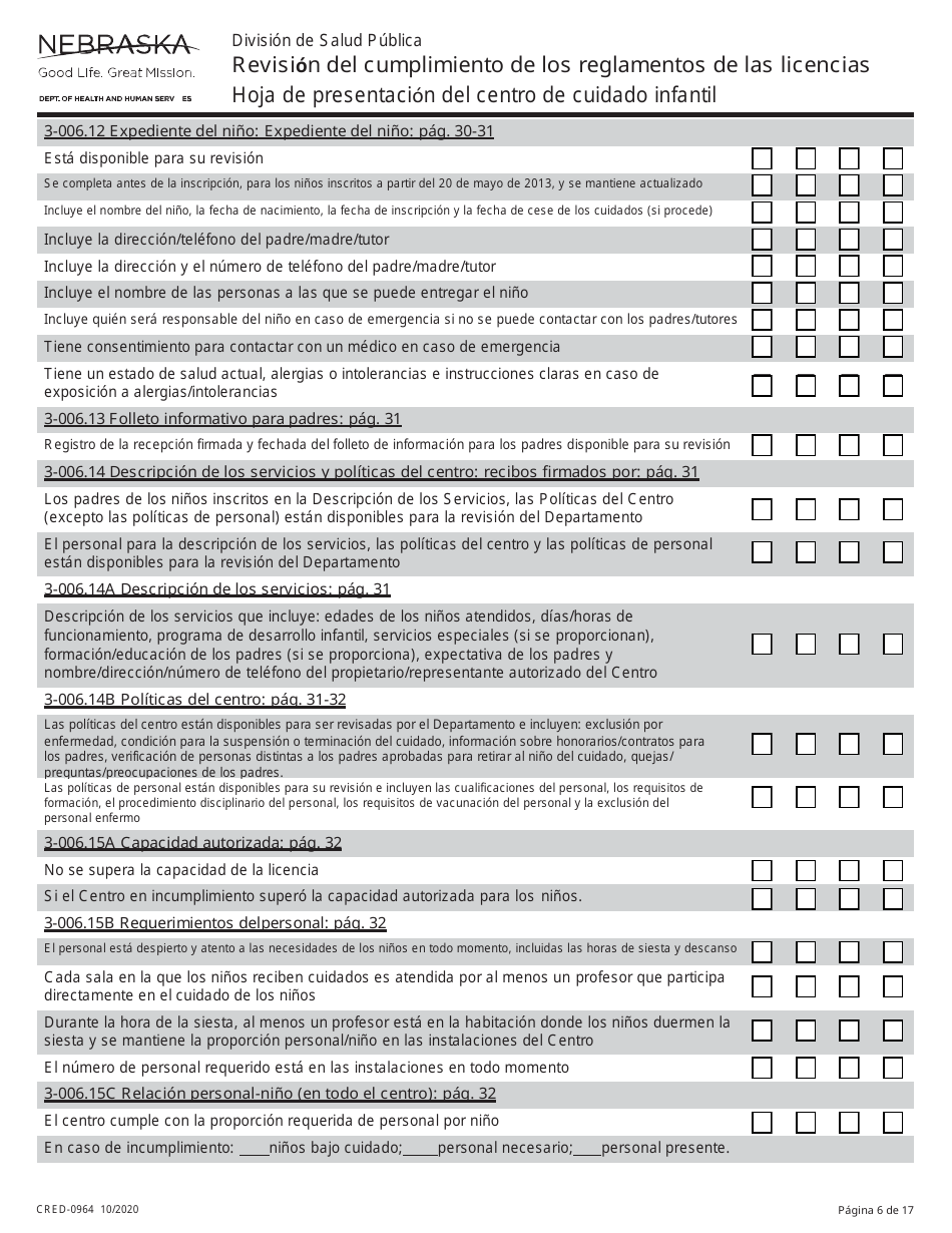 Formulario CRED-0964 Hoja De Presentacion Del Centro De Cuidado Infantil - Revision Del Cumplimiento De Los Reglamentos De Las Licencias - Nebraska (Spanish), Page 6