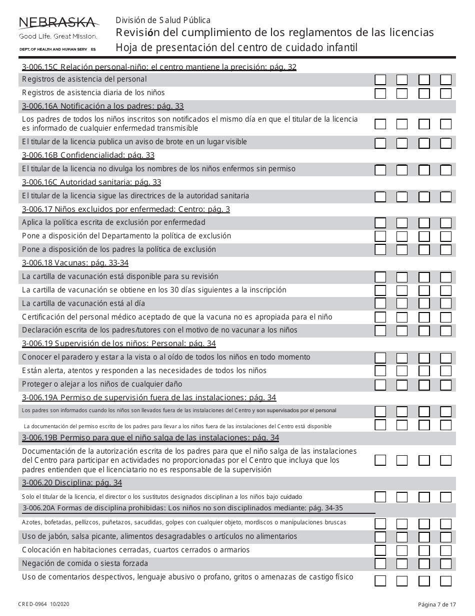 Formulario CRED-0964 Hoja De Presentacion Del Centro De Cuidado Infantil - Revision Del Cumplimiento De Los Reglamentos De Las Licencias - Nebraska (Spanish), Page 7