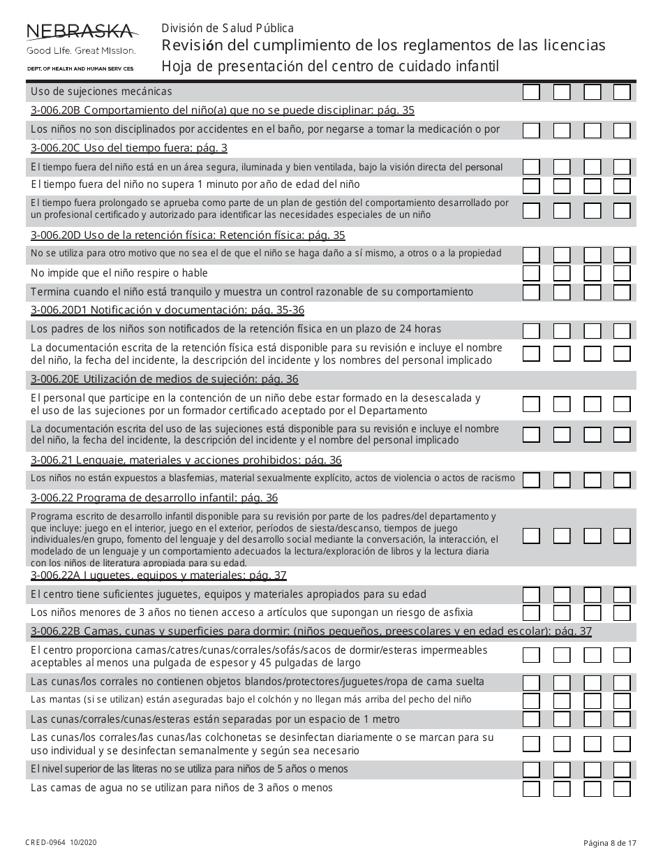 Formulario CRED-0964 Hoja De Presentacion Del Centro De Cuidado Infantil - Revision Del Cumplimiento De Los Reglamentos De Las Licencias - Nebraska (Spanish), Page 8
